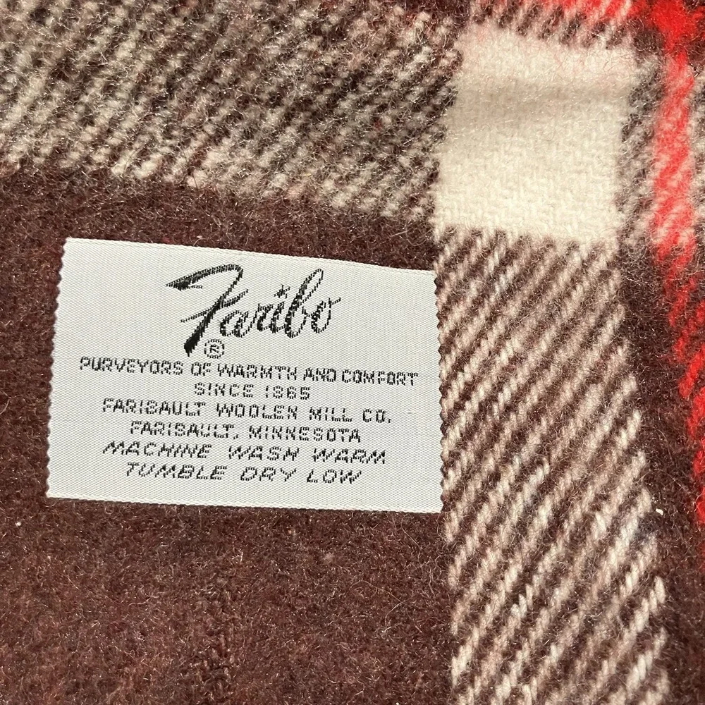 Faribault Woolen Mill Plaid Wool Throw Blanket Brown Red Cream Fringe